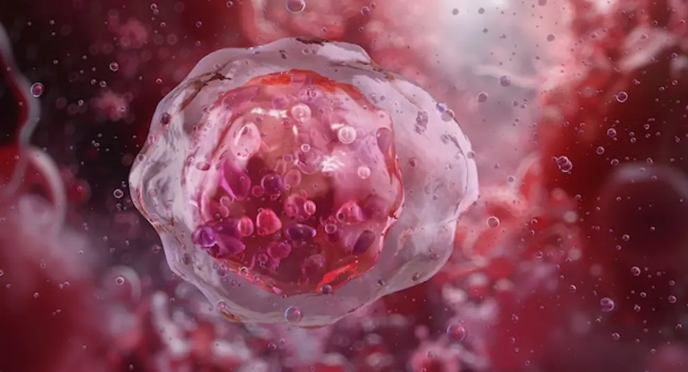 Digital image of a myeloblast, an immature precursor cell of granulocytes found in bone marrow.