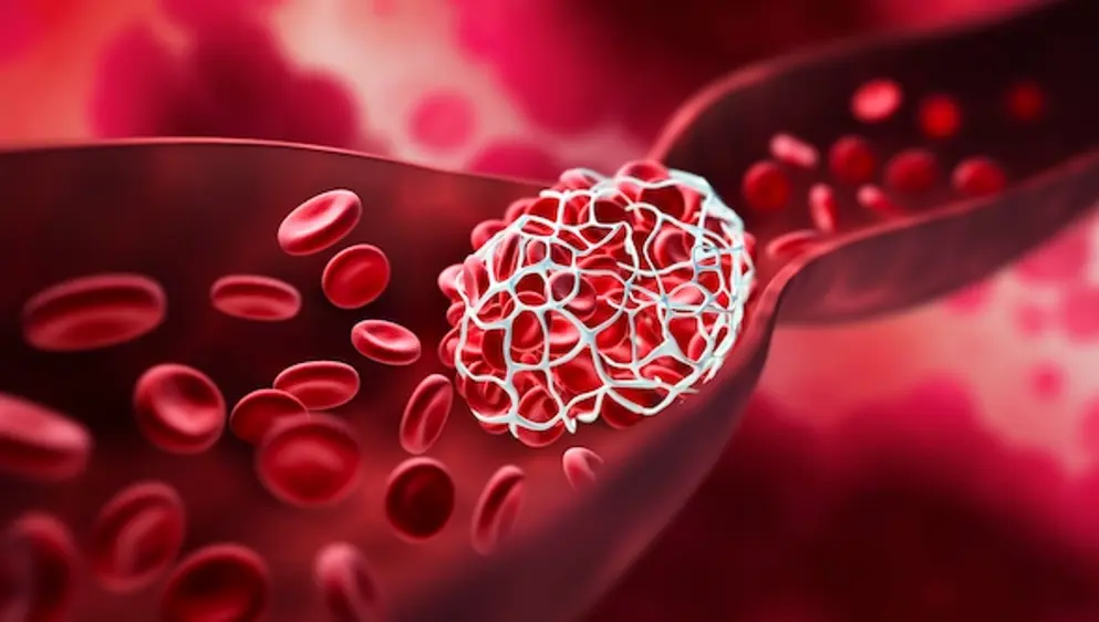 Digital image of a blood clot blocking a blood vessel in a red colour scheme.