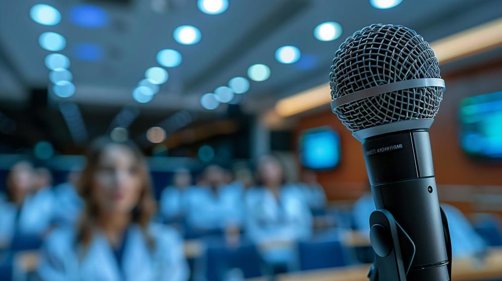 Close up of Microphone on the background of conference room full of doctors and medical personal hearing the medical presentation