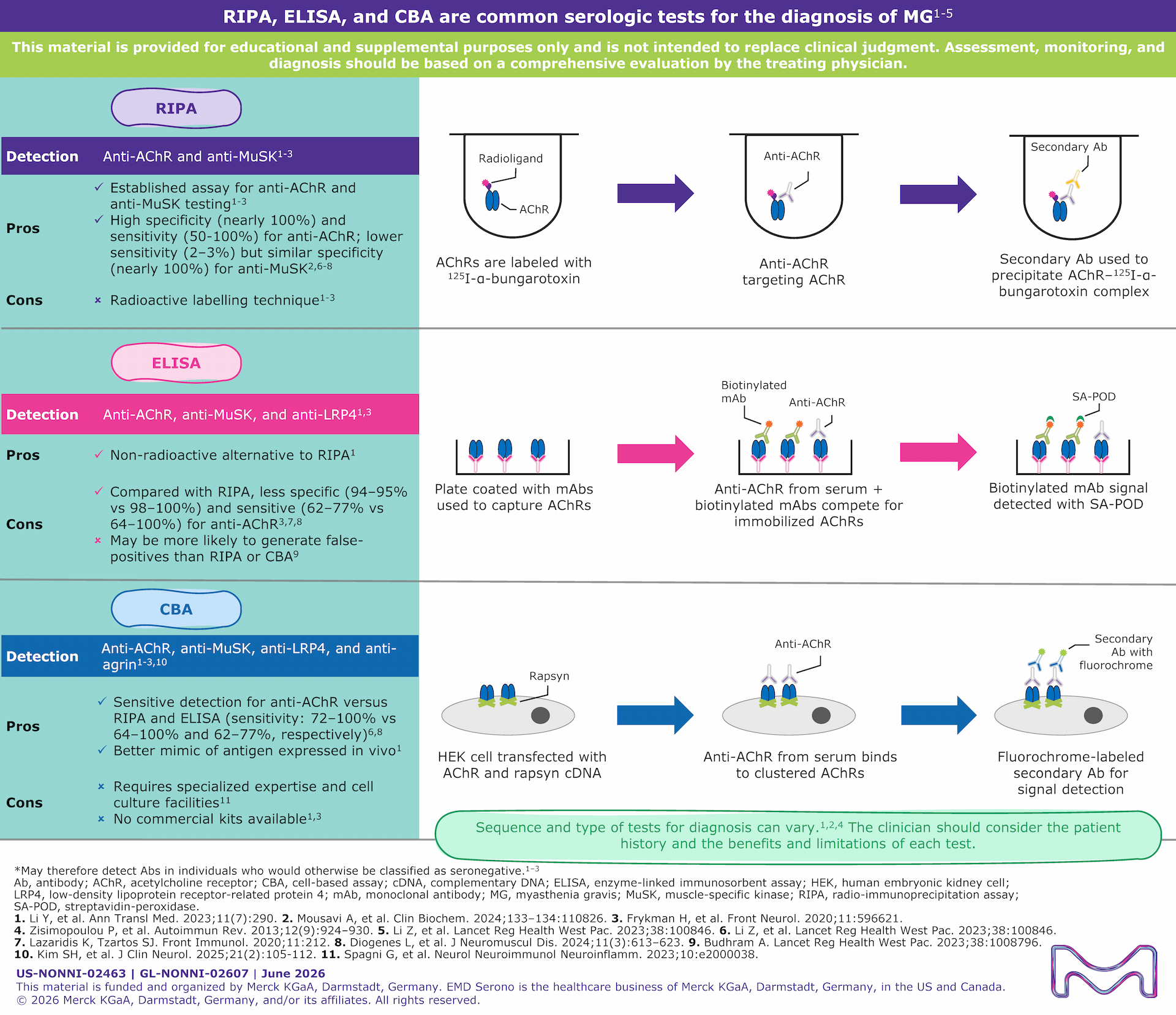 Infographic summarizing common MG serologic tests, including RIPA, ELISA, and CBA, and how each detects autoantibodies.